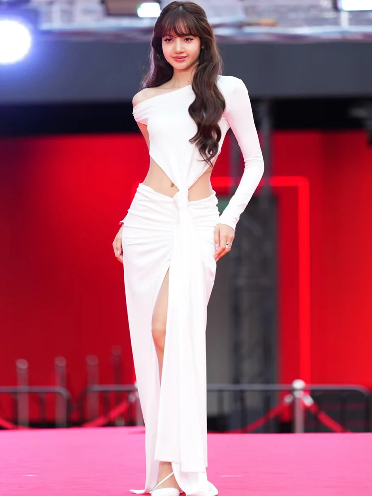 Weird Puss Elegant 2-Piece Set Women One-Sided Sleeve Skew Collar Irregular Folds t-Shirt+High Slit Long Skirt Autumn Suits