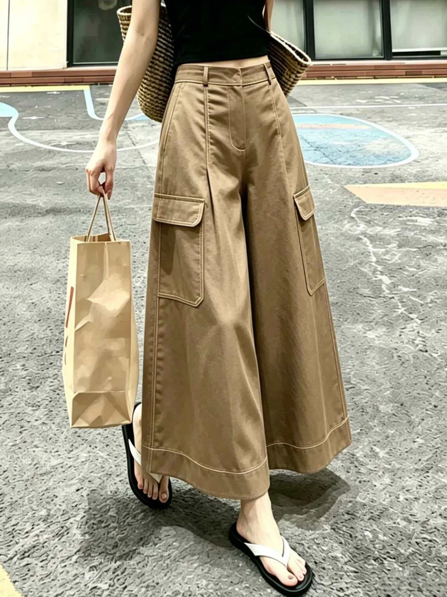 Retro High Waist Wide Leg Work Pants Women's Khaki Casual Loose Fit Trousers Autumn New Design Sensation Slimming Pants