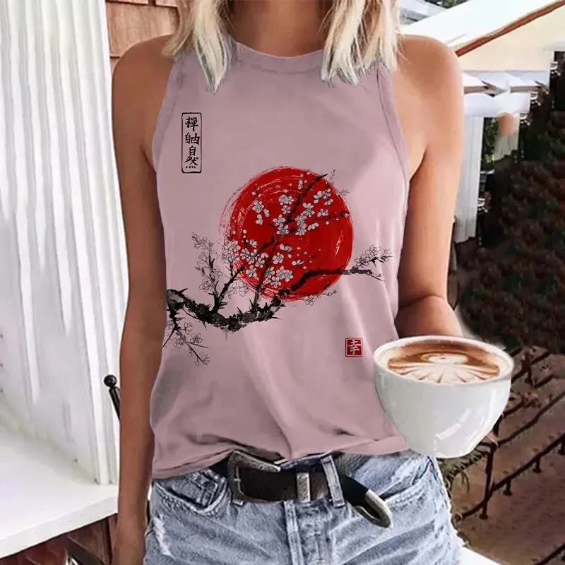 Women's Sunrise Japanese Art Print Crew Neck Tank Top Summer Women's Casual Vest
