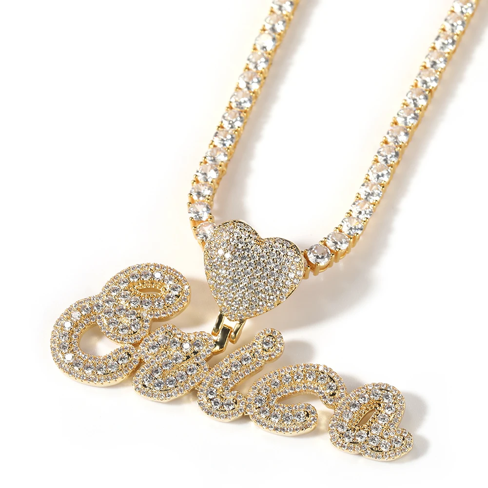 Uwin Heart Bail Brush Cursive Letter Pendant Name Necklace Pendant Micro Paved CZ Personalized Baguettes Chain Hiphop Jewelry