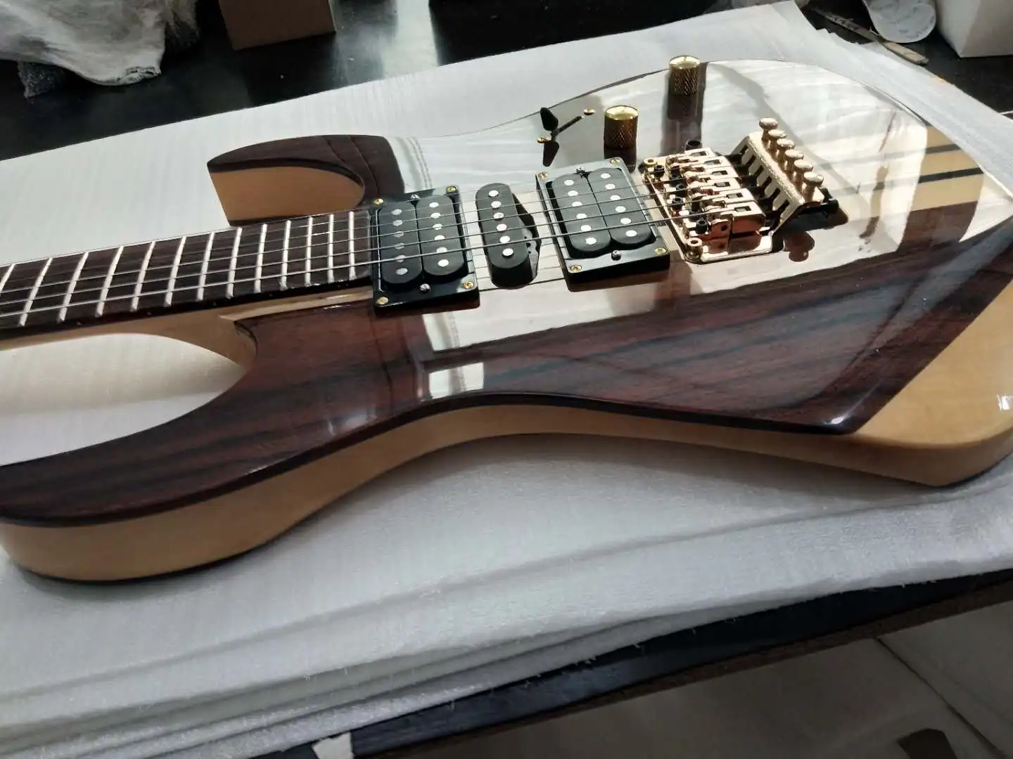 High-end custom 6 string electric guitar, neck running through body, rose wood veneer, gold hardware, free shipping