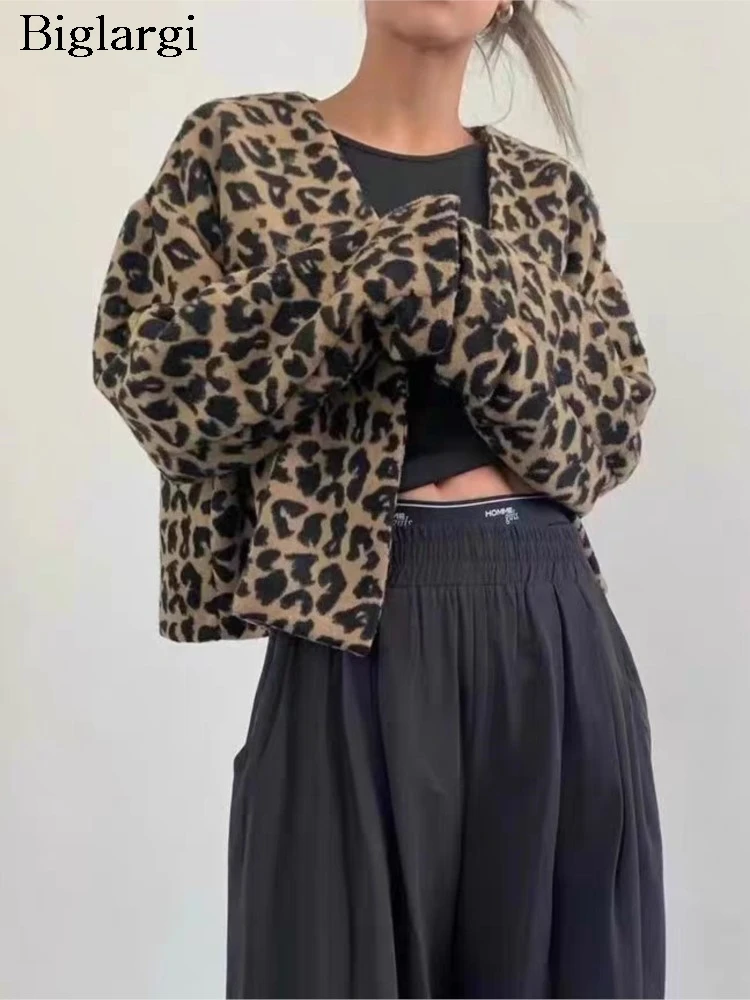 

Autumn New Leopard Print Coat Women Korean Style Loose Fashion Ladies Cropped Jackets Casual Woman Coats