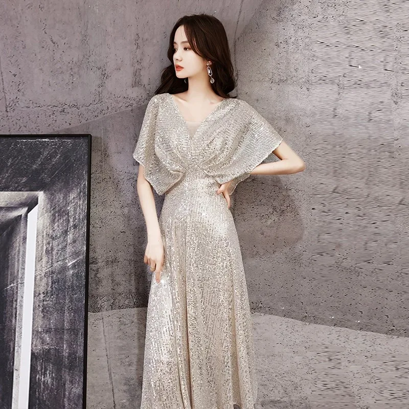 Ele Gold Evening Dr for Women Faionable Mid-Waist A-Line Skirt Wedding Par Performance Suitable Deep V-Ne Design