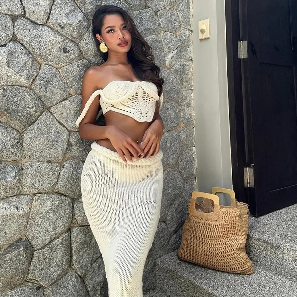 

Knit Halter 2 Piece Suit Women Halter Sleeveless Backless Crop Tank Long Hip Package Skirt 2025 Vacation Lady Sets