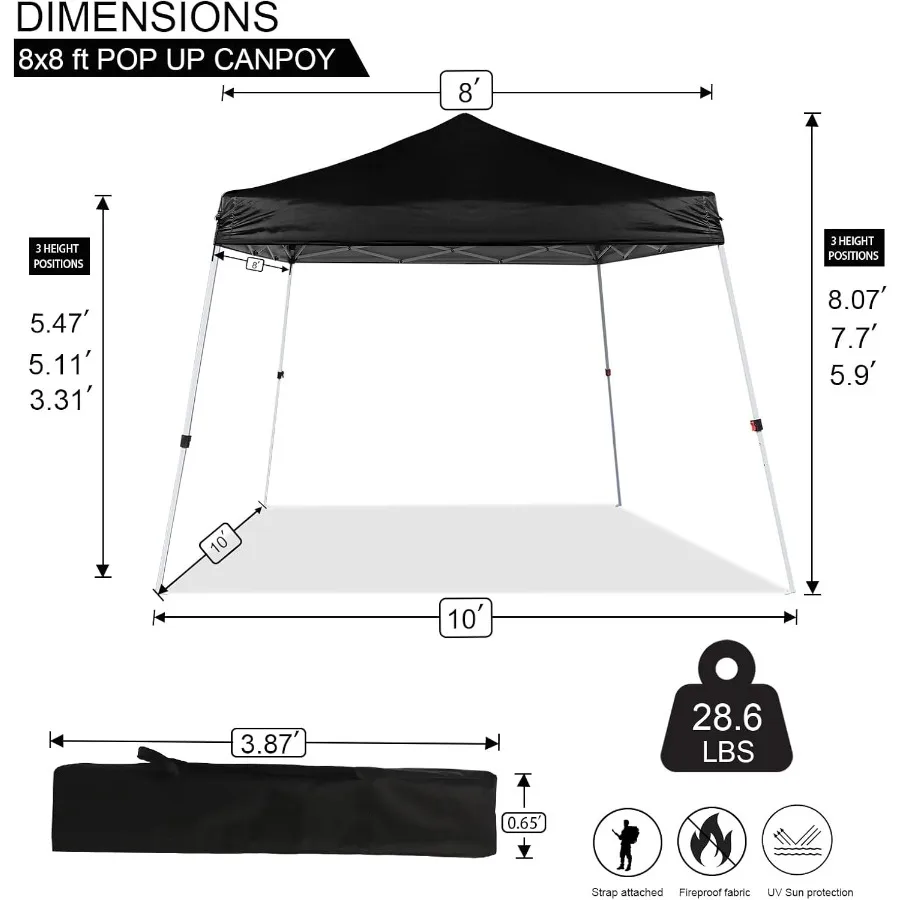 8x8ft Pop Up Canopy Popup Outdoor Canopy Tent with Carrying Bag Portable Gazebo Shelter for Patio Deck Garden Beach Black