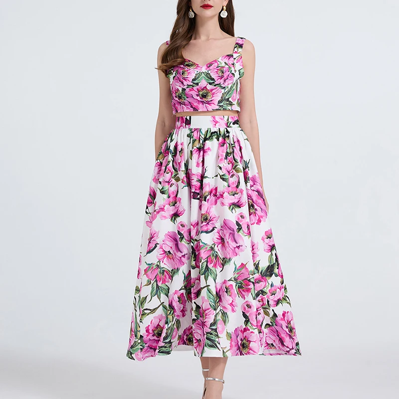

MARYYIMEI Fashion Spring Women's Ball Gown Suit Spaghetti Strap Backless Slim Tops+Casual Pleated Skirt Print cotton 2-piece set