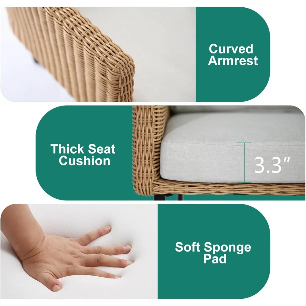 طقم أثاث للفناء مكون من 3 قطع، أريكة مقطعية خارجية على شكل حرف L مع وسائد سميكة، مجموعة محادثة من الروطان لجميع الأحوال الجوية