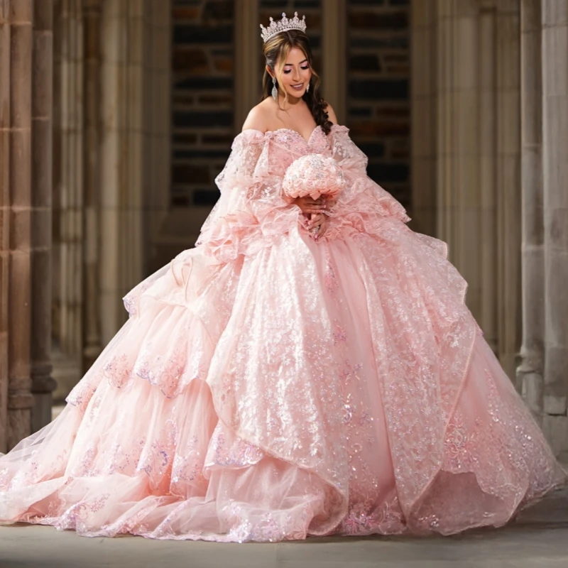 

Pink Quinceanera Dresses Off The Shoulder Applique Lace Beading Crystal Tull Party Birthday Sweet 16 Dress Vestidos 15 De Anos