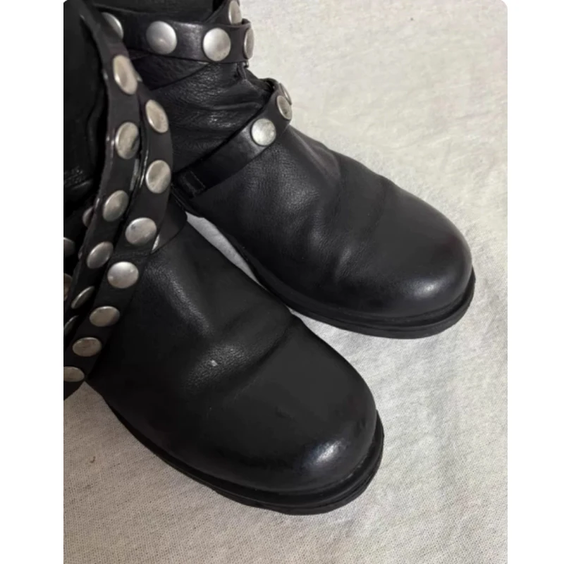 Men's Black Punk Rivet Multi Strap Ankle Boots Round Toe Biker Boots Gothic Moto Combat Short Boots Block Heel Zipper Shoes
