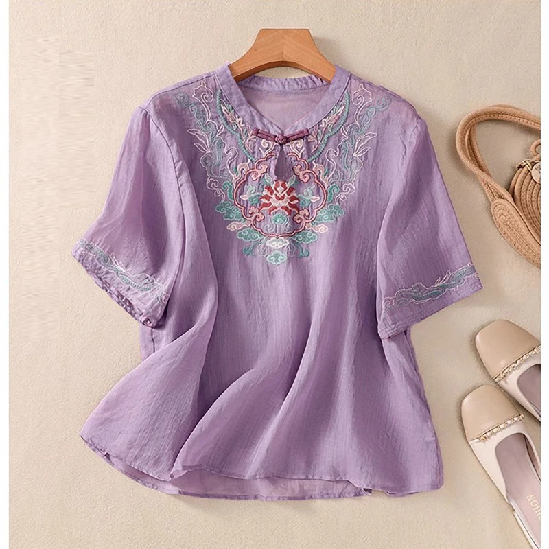 Women\'s Chinese Style Vintage Embroidery Blouse Stand Collar Hollow Cotton Linen Shirt Short Sleeve Loose Tops Blusas Para Mujer