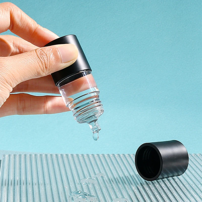 1 Stück 10 ml leerer Einweg-Serumspender, transparent, rund, PETG, dickwandig, gepresst, ätherisches Öl, Hautpflege-Serumspender mit schwarzer Basis und Abdeckung