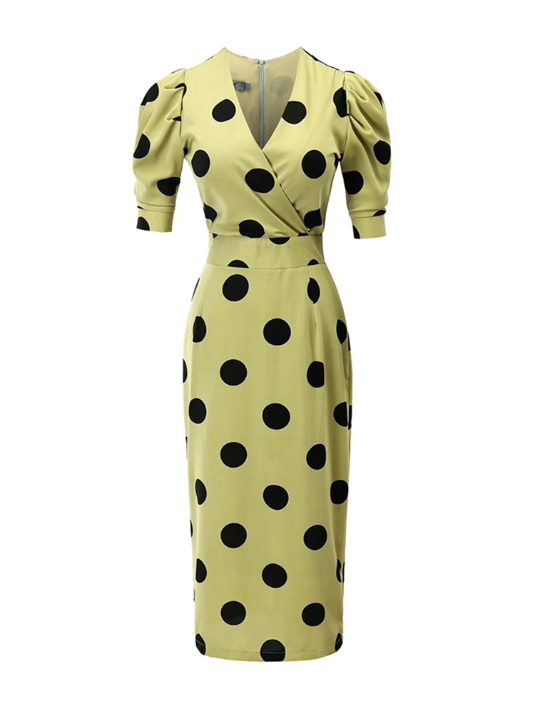 Women Clothes Formal Occasion Retro Dot Print Puff Sleeve Slim Midi Pencil Dress Elegant Lady Party Vestido Casual Summer Korean