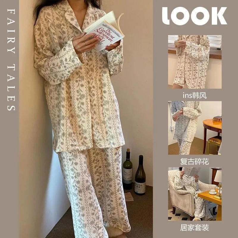 Floral Sleepwear Women Pajama Sets Aututmn Piiama Lace Pants Sets 2 Pieces Korean Cute Night Wears Button Sleeping Home Suit New