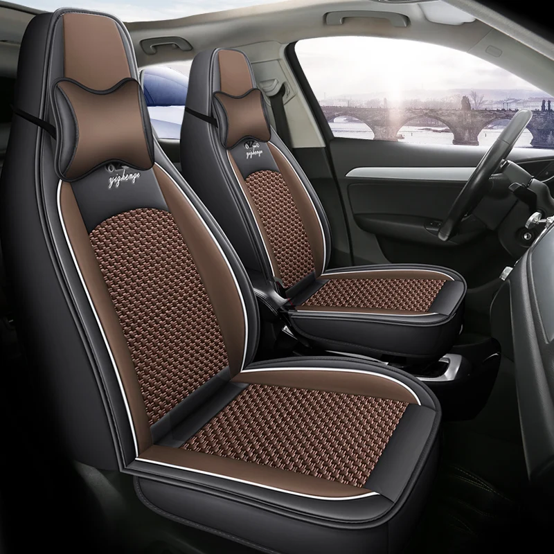 (Comfort Version) Front Single Seat, Equipped with 1 Comfortable Headrest, Luxurious Ice Silk Full-Cover Integrated Car Seat Cover, Universal, Breathable and Not Stuffy, Comfortable for All Seasons, Easy to Clean and Maintain, Multi-Layer Composite Material, Exquisite Workmanship, Simple and Convenient Installation, Does Not Affect the Normal Use of the Seat Belt Buckle, 4 Colors Available, Suitable for Various Models Such as Sedans, Suvs, Trucks, Etc