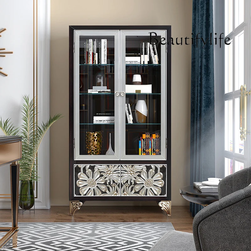 Light luxury bookcase Solid wood storage Bookshelf Study integrated floor with glass door Display locker