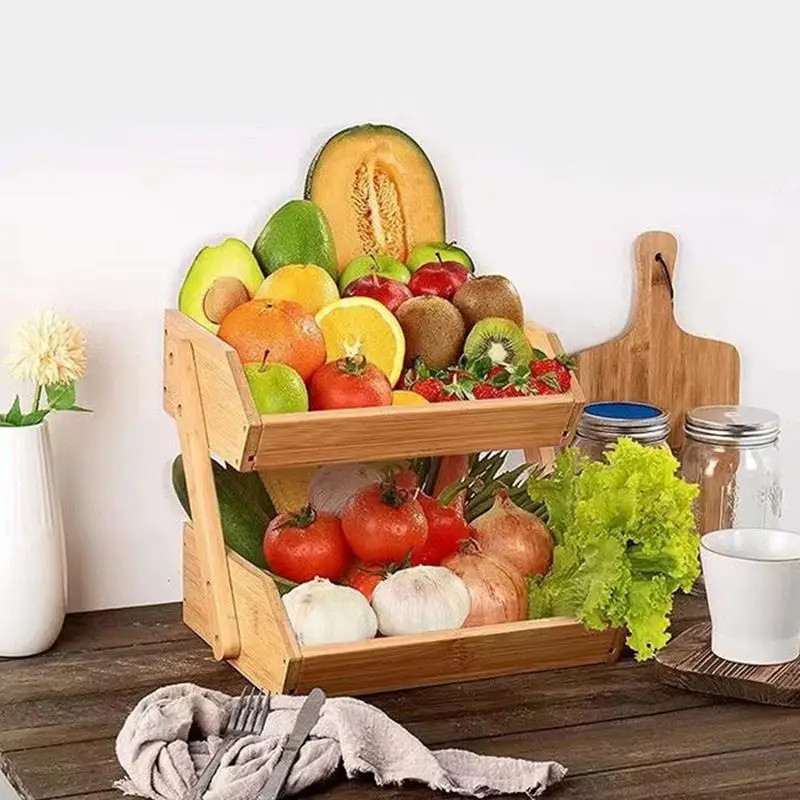 Fruit Basket For Kitchen Counter Large Capacity Vegetable Basket 2 Tiers Wooden Fruit Holder Multi-Tiered Storage Shelf