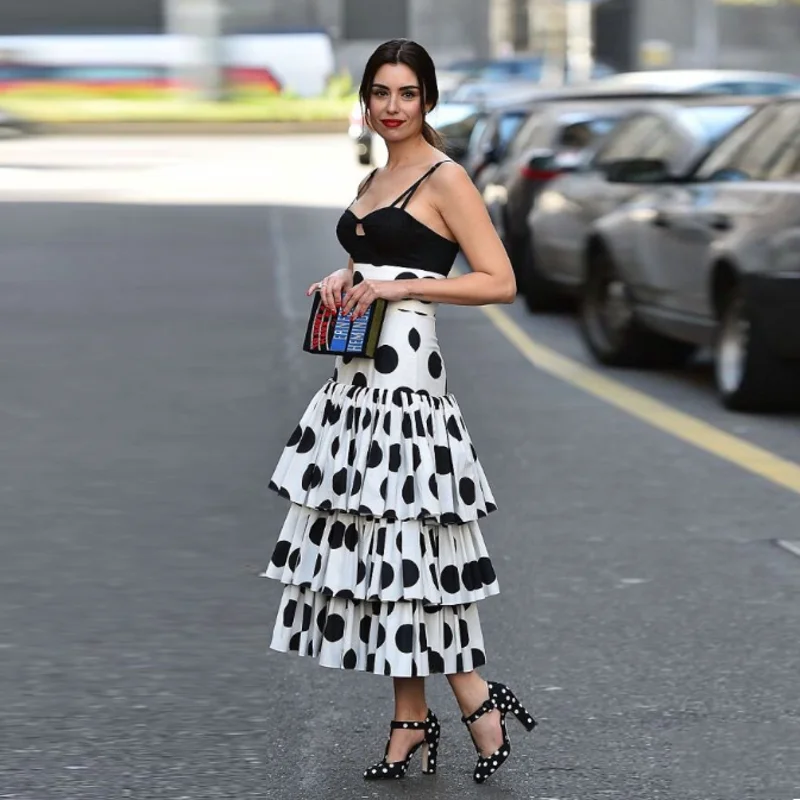 Moda saia branca preto dot patern saias longas maxi saia em camadas tornozelo comprimento uma linha saias femininas com zíper