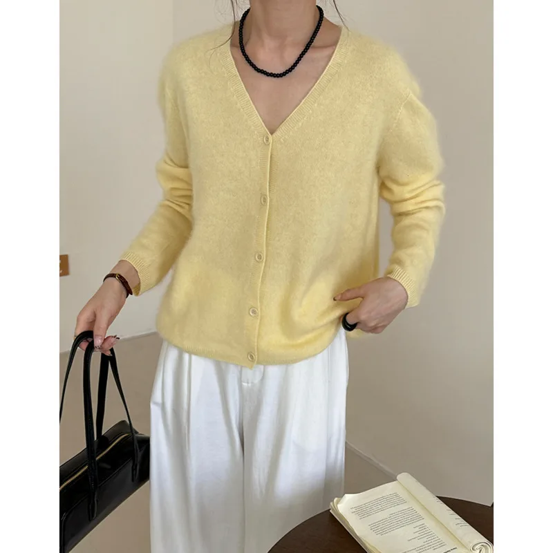 

Женский шерстяной кашемировый кардиган с v-образным вырезом, осень-зима, мягкий теплый однобортный свитер, 96% шерсть, трикотаж из4% кашемира