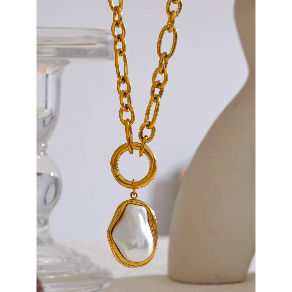 Yhpup 50CM Trendy Baroque Simulated Pearls Golden Pendant Necklace 18K PVD Plated Chain Stainless Steel Fashion Jewelry