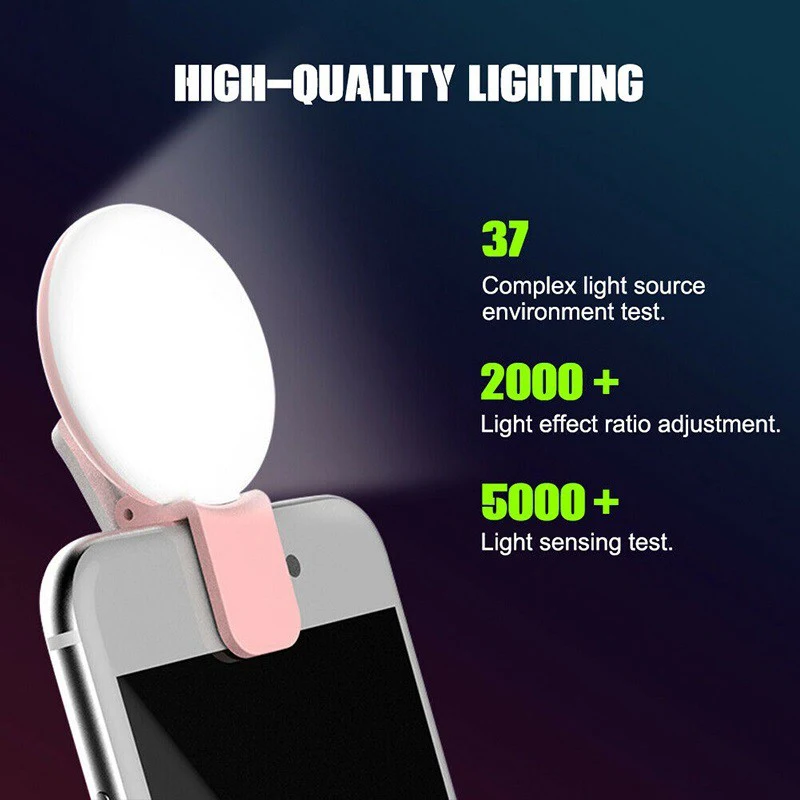 Rechargeable Mini Selfie Fill Light LED Flash Selfie 3 Levels Brightness Clip Ring Light For Camera Phone Tablet