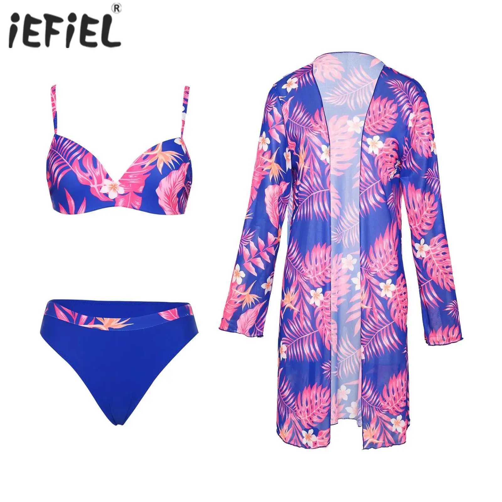 

Womens 3 Pieces Swimsuit Swim Sets Underwired Padded Bikini Set with Chiffon Cover-up Tropical Print Swimwear Beach Bathing Suit