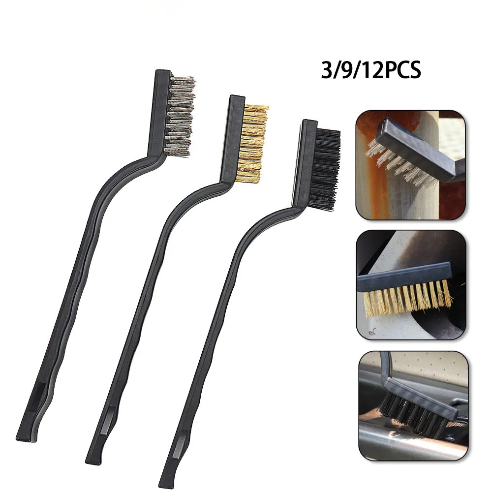 

3/9/12PCS Mini Wire Brush Nylon Steel Copper Wire Brush Curved Handle Soft Grip For Rust Removal and Welding Slag Cleaning Tool