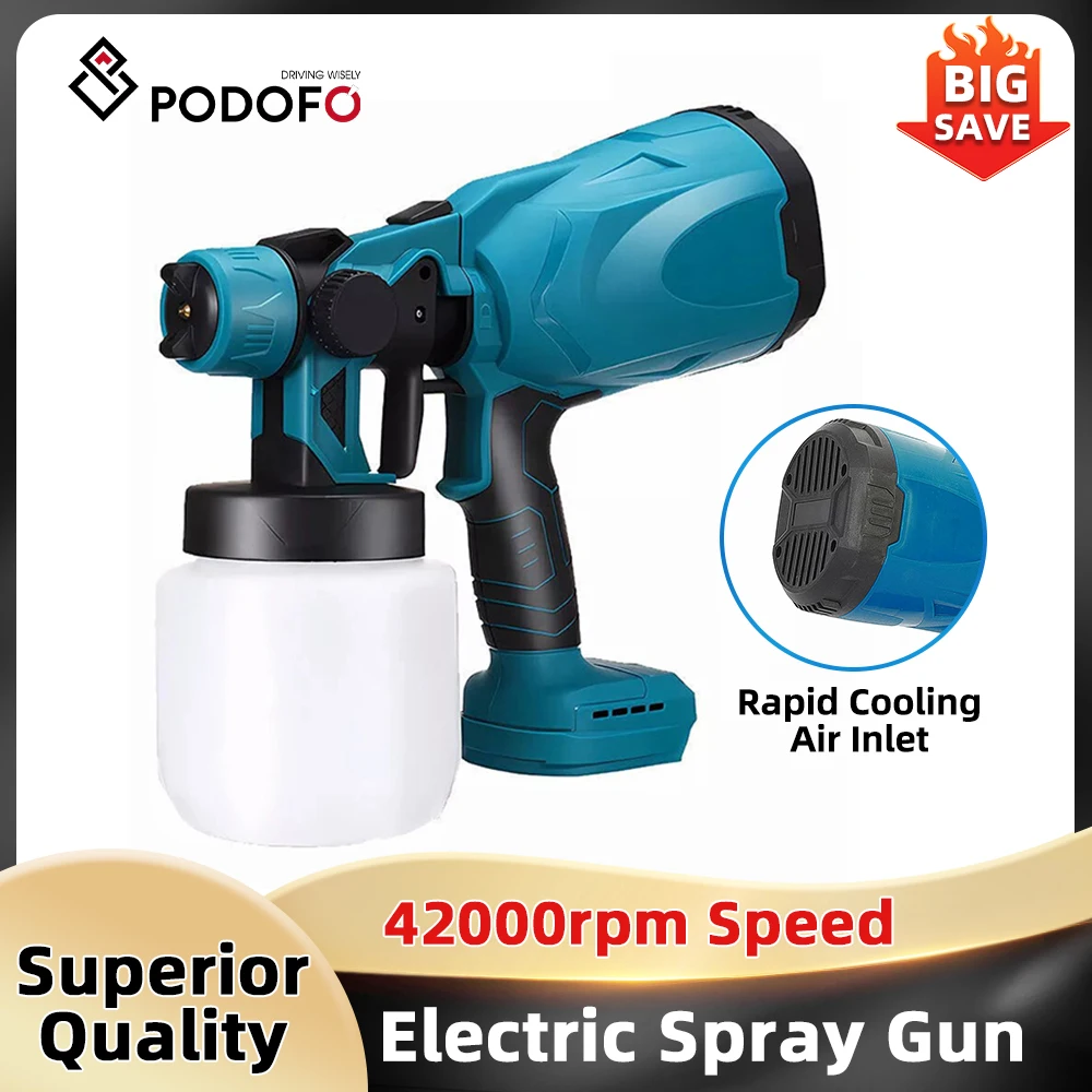 Podofo 42000RPM High Pressure Cordless Paint Sprayer 800ML Cordless Spray Machine Fast Cooling Electric Airless HVLP Spray Gun