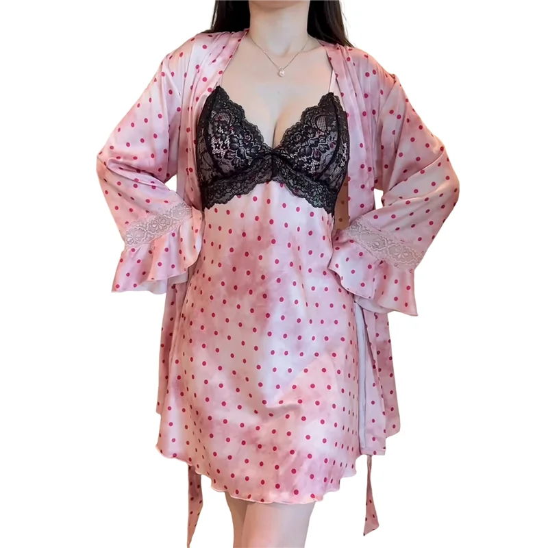 

【A87T】Women's Sweet V-Neck Nine-Point Sleeve Nightgown Polka Dot Satin Lace Lazy Nightdress Outer Robe Pink One Size