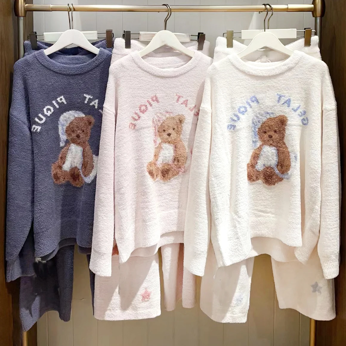 Japanese Style Winter Thick Warm Sweater Room Wear Pajamas Sleep Good Night Bear Home Wear Night Wear Lounge wear Set