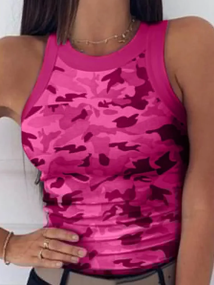Sexy Sleeveless Small Camisole Women Camo Print Tank Tops Summer Casual O-Neck Elastic T-shirt Wear Bottoming Tops Outside — zdjęcie 5