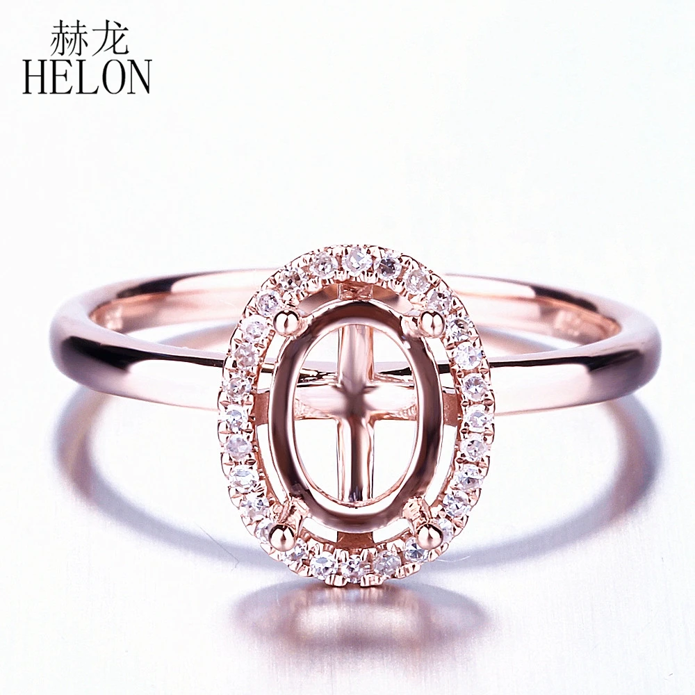 HELON Women Diamond Ring Solid 14K 10k Rose Gold Natural Diamonds Jewelry Semi Mount Engagement Ring Setting Fit 8x6mm Oval