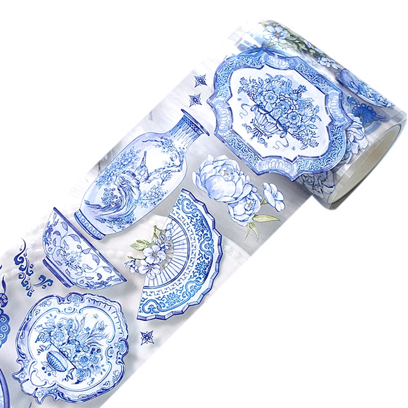 2m/Roll Chinese Blue and White Porcelain Transparent PET Tape 3D Crystal Ink Decorative Stickers For Diary Scrapbooking Journal