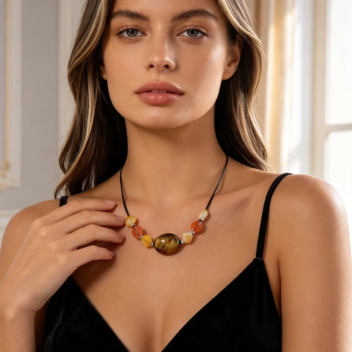 Ästhetische Boho-Halskette mit unregelmäßigen Acrylperlen und schwarzem Seil für Damen und Herren, Retro-Handarbeit, geometrischer Choker, Partyschmuck – Detail 12