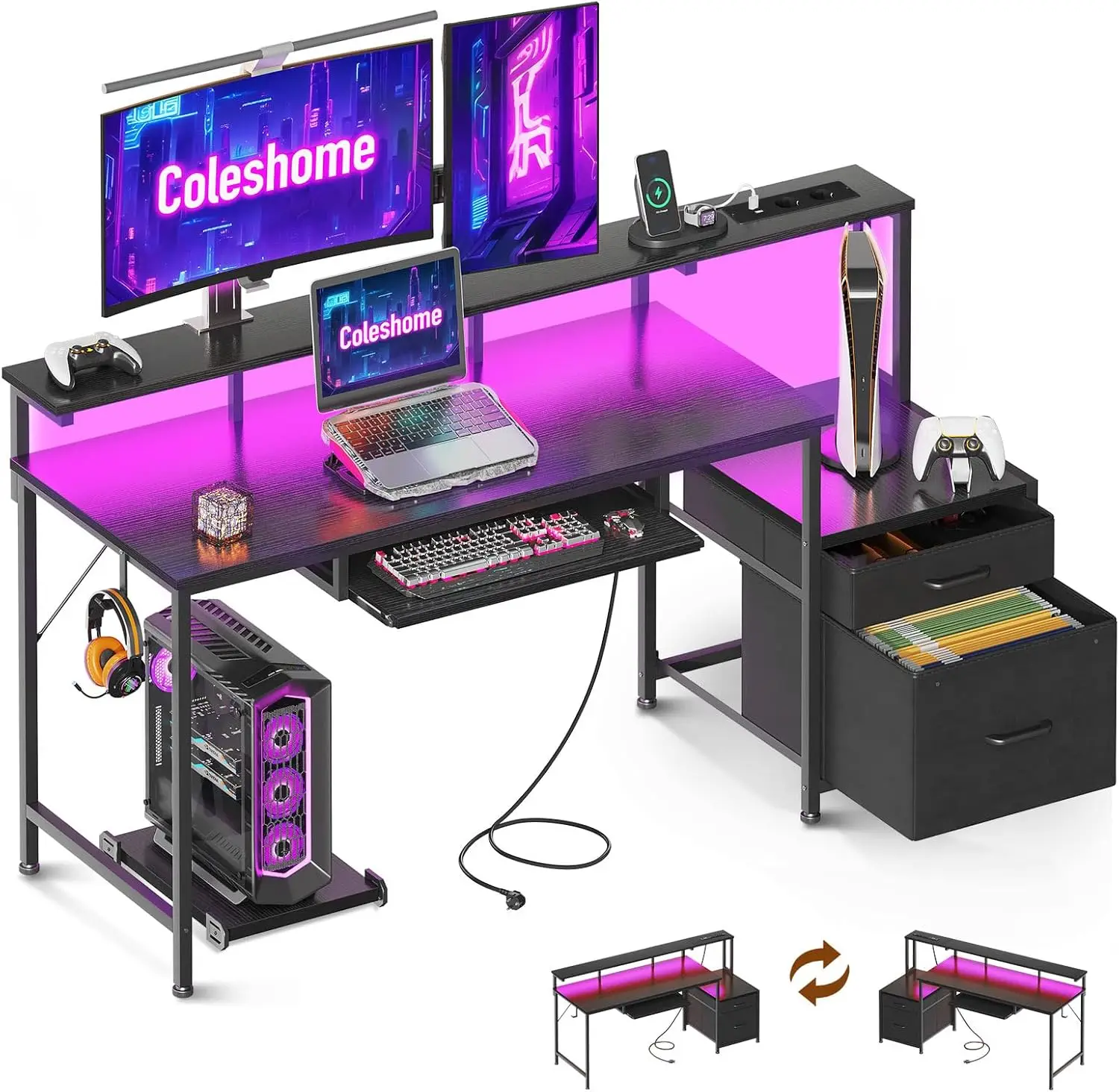 Scrivania Gaming con e Prese, 140x48 cm Scrivania con 2 Cassetti, Tavolo Computer Reversibile con Supporto Monitor