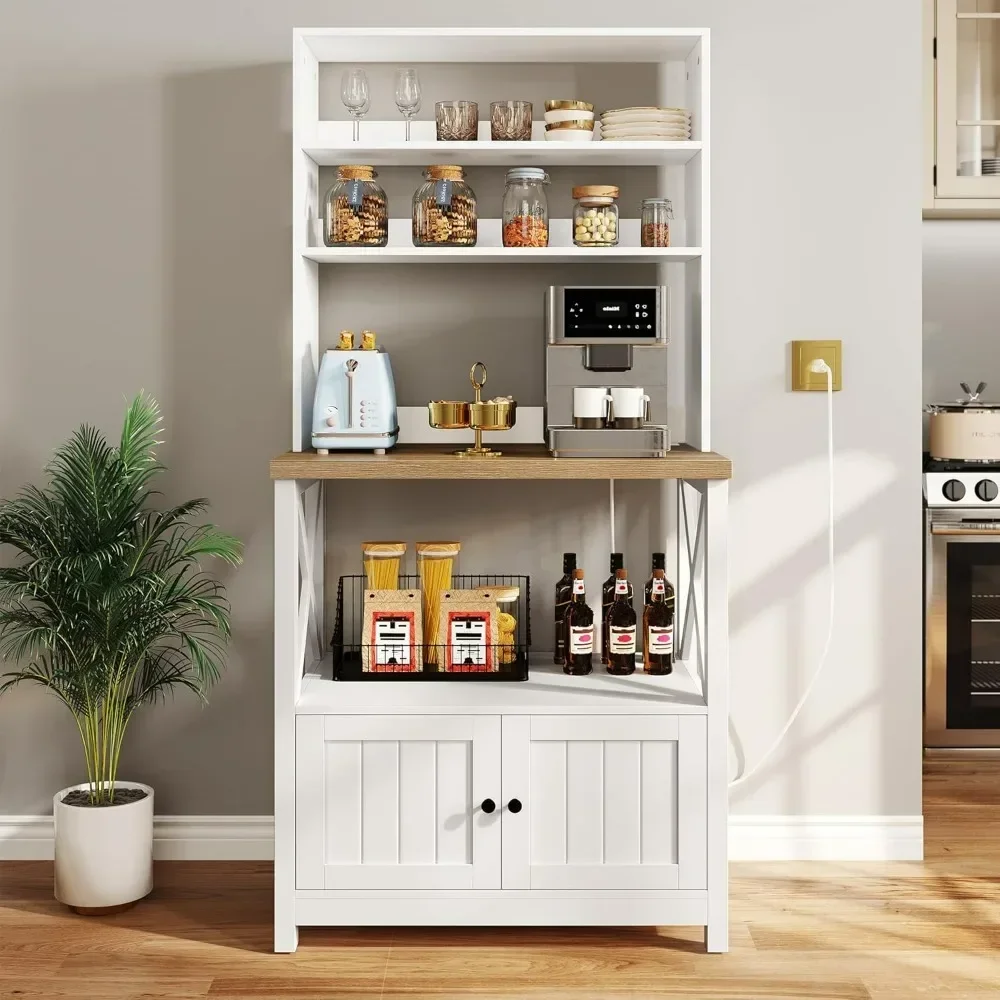 

Kitchen Cabinet, Microwave Stand Bakers Rack , Kitchen Pantry Hutch Tall w Door Power Outlet Thickened Counter, Cabinets Kitchen