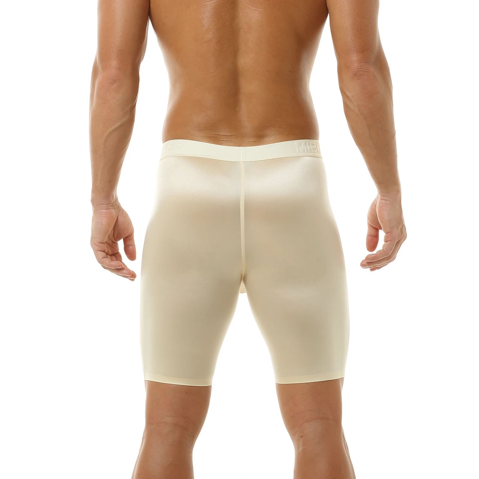 Lange Boxershorts für Herren, glänzende, glatte Satin-Unterwäsche mit U-förmigem, konvexem Taschen-Design, mittellange Boxershorts, breiter Bund, seidige Schlafbekleidung – Detail 18