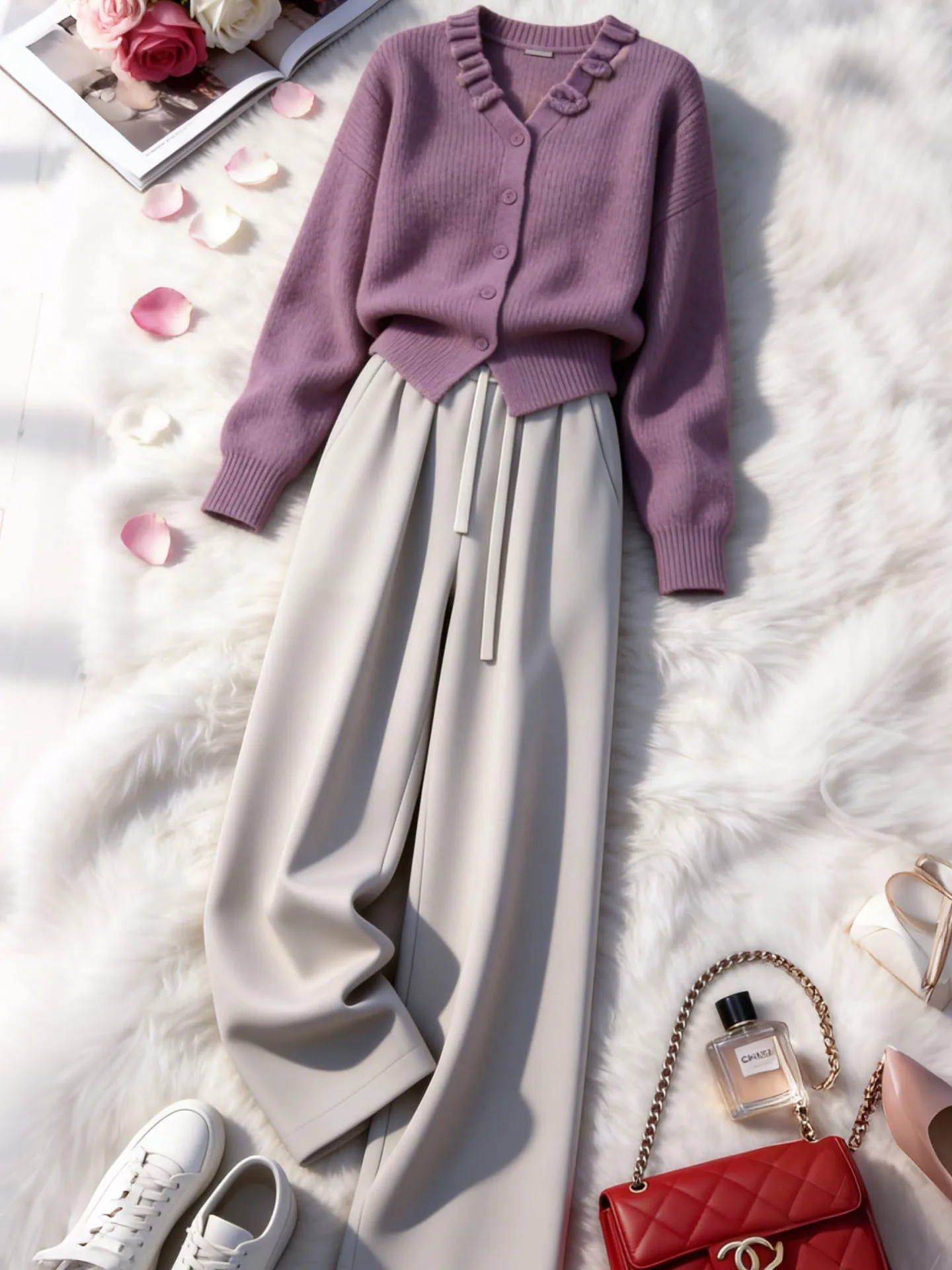 

Soft Lazy Knitted Cardigan High Waist Wide Leg Pants Two Piece Set Women's Fashion Spring New Arrival Age Reduction Trendy En...