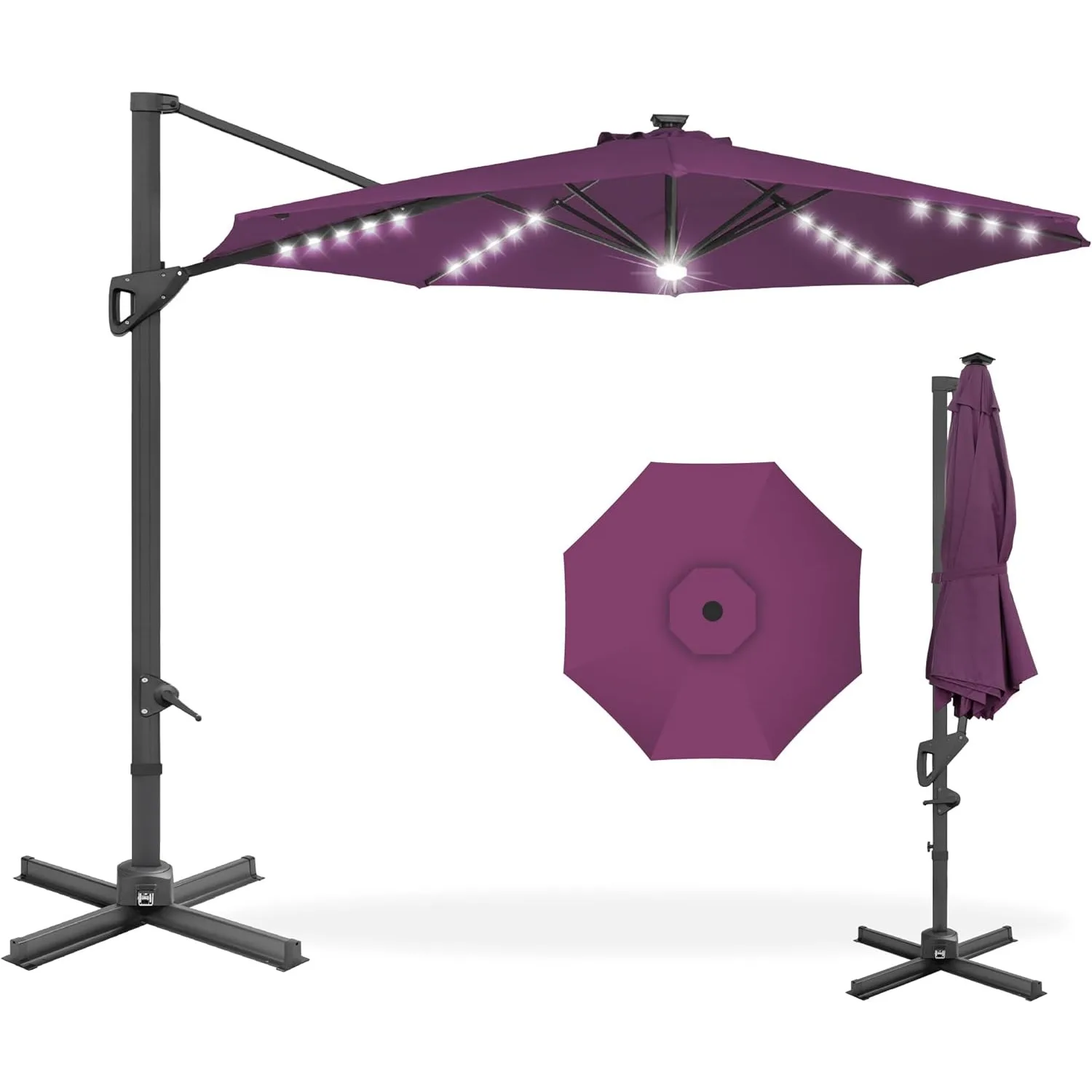 Best Choice Products 10ft Solar LED Cantilever Patio Umbrella 360-Degree Rotation Hanging Offset Market Outdoor Sun Shade Purple