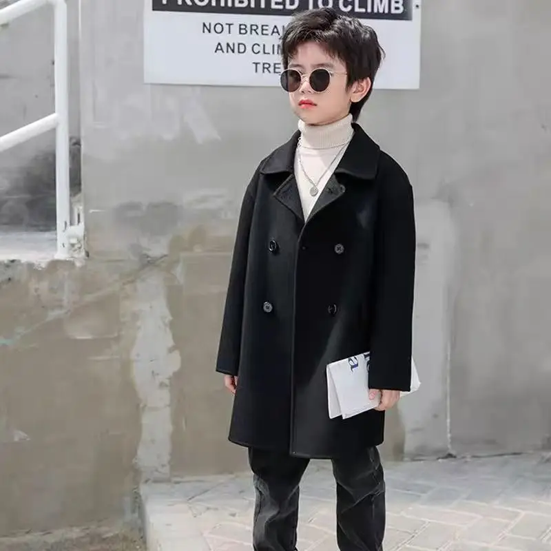

Autumn Winter Woolen Jacket For Boy New Korean Version Fashion Thickening Handsome Mid-Length Keep Warm Casual Children's