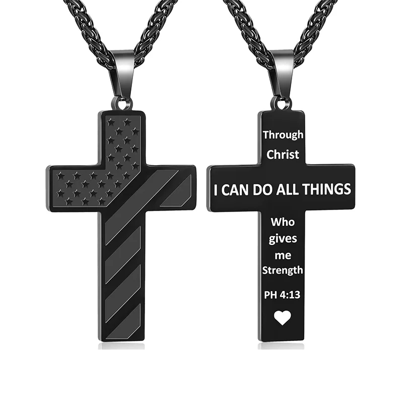 Custom Name Cross Necklace Personalized Bible Verse American Flag Pendant Gifts First Communion Baptism Christian Religious Gift