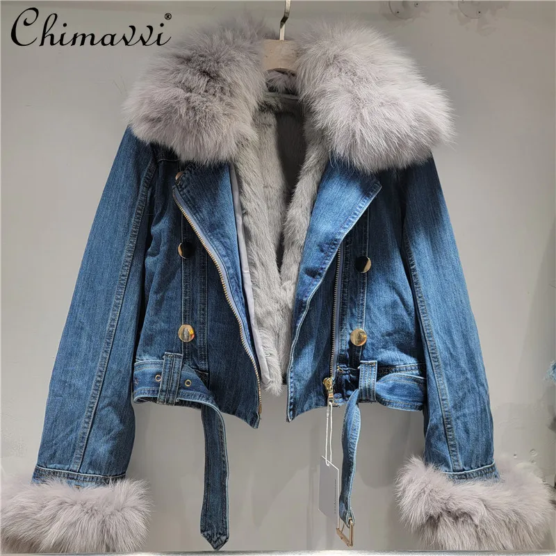 Winter New Heavy Fox Fur Collar Rabbit Fur Lining Metal Buckle Warm Denim Short Jacket Fashion Long Sleeve Elegant Women Coat