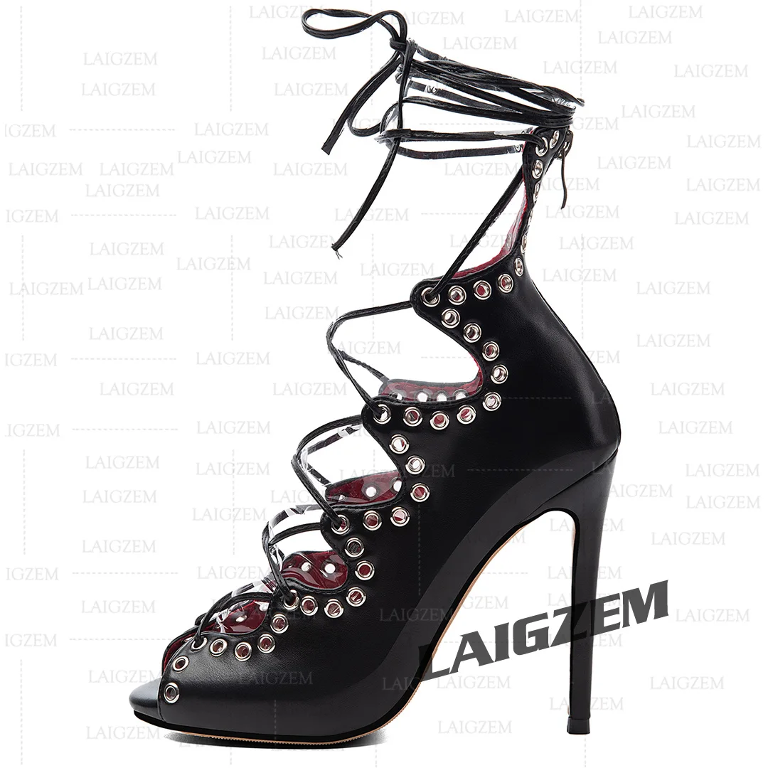 LAIGZEM Women Pumps Peep Toe Zip Up Thin High Heels Sandals Party Adjustable Handmade Ladies Shoes Woman Large Size 39 43 45 52