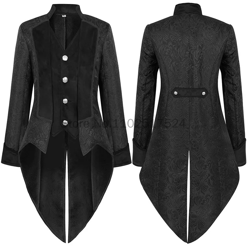 Men Steampunk Tail Coat Jacket Black Gothic Victorian Frock Coat Jacquard Clothing Dress Up Blue Trench Cosplay Costumes