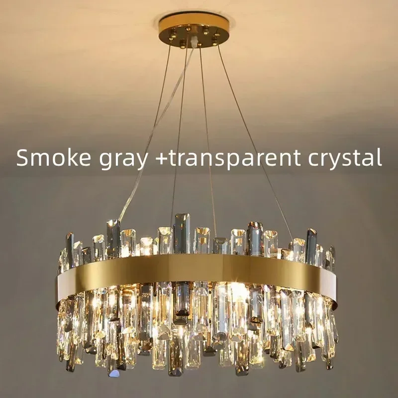 Modern Smoke Grey Crystal Chandelier, Lâmpada suspensa LED, Iluminação para mesa de jantar, Sala de estar, Quarto, Decoração de casa