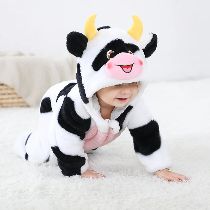 Kawaii Cow Baby Boys Girls Clothes Romper Hooded Jumpsuits Bodysuit Winter Flannel Warm Cosplay Costume Toddler Infant Ropa Bebe