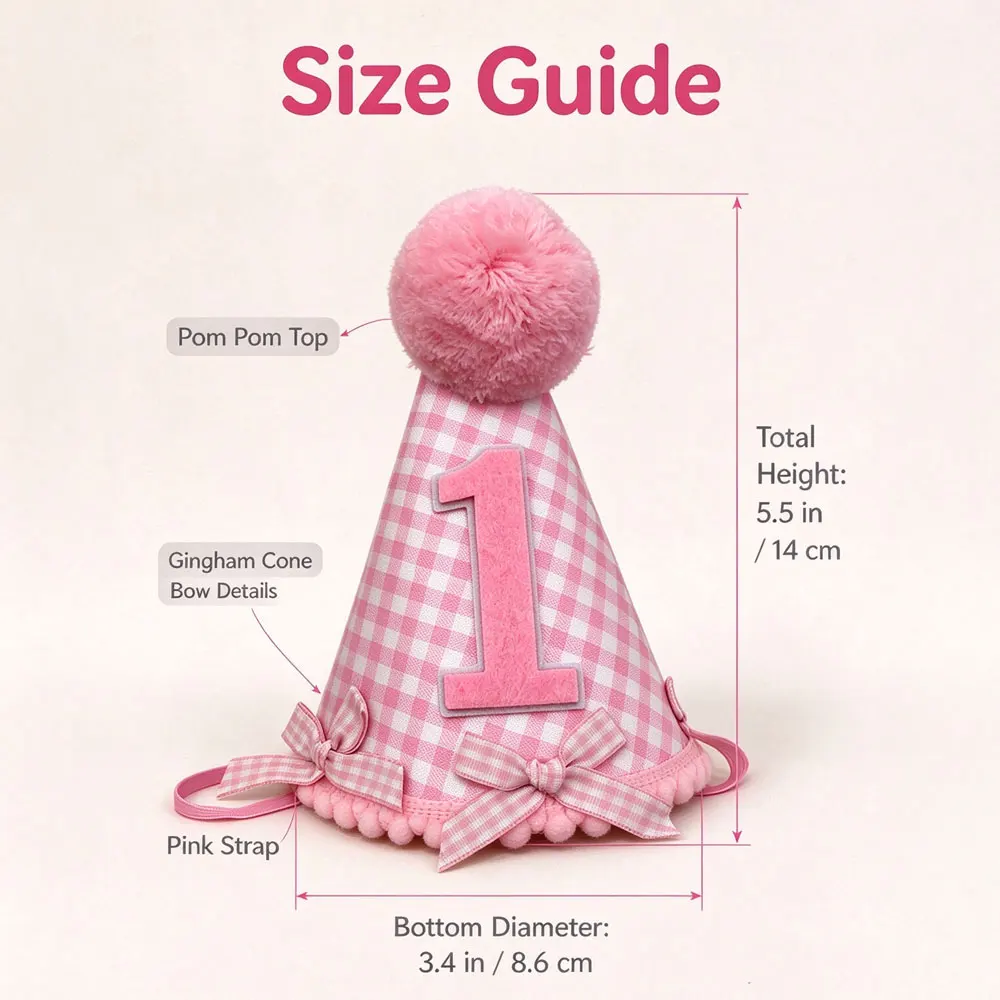 Baby Girl 1st Birthday Party Hat Pink White Gingham Cone Hat Pom Pom Bow Number 1 Cake Smash Photo Prop Elastic Strap