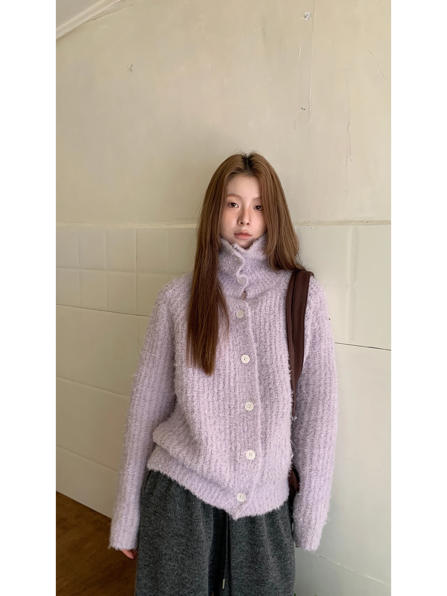 

Фиолетовый вязаный открытый кардиган с высоким воротником, женский модный ранний осенний корейский верхний пальто, прямое пальто, простой комбинезон для поездок на работу