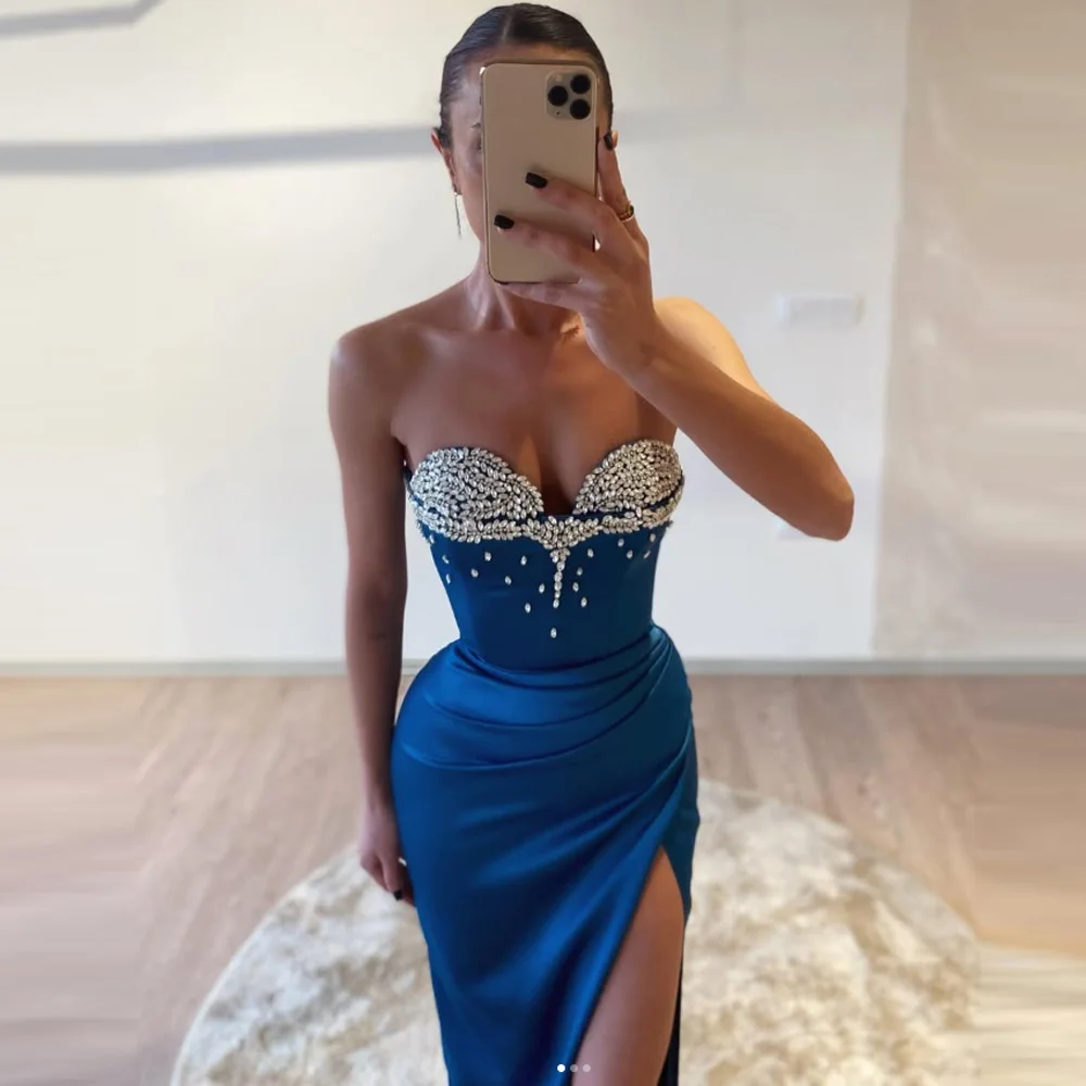 

Sexy Slit Prom Dresses for Women Strapless Crystals Pleated Corset Evening Gowns Vestidos De Noche Party Plus Customized