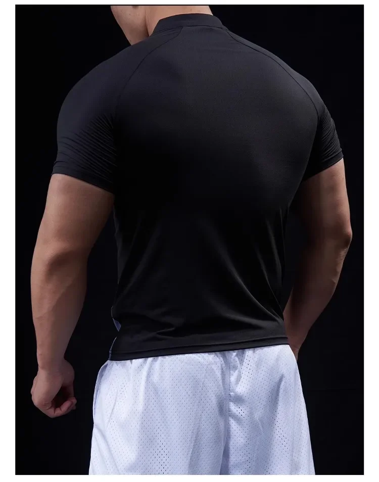 Men Compression Running Zipper Polo T Shirt Fitness Tight Sport Tshirt Training Jogging Shirts Gym Elastic Quick Dry Rashgard