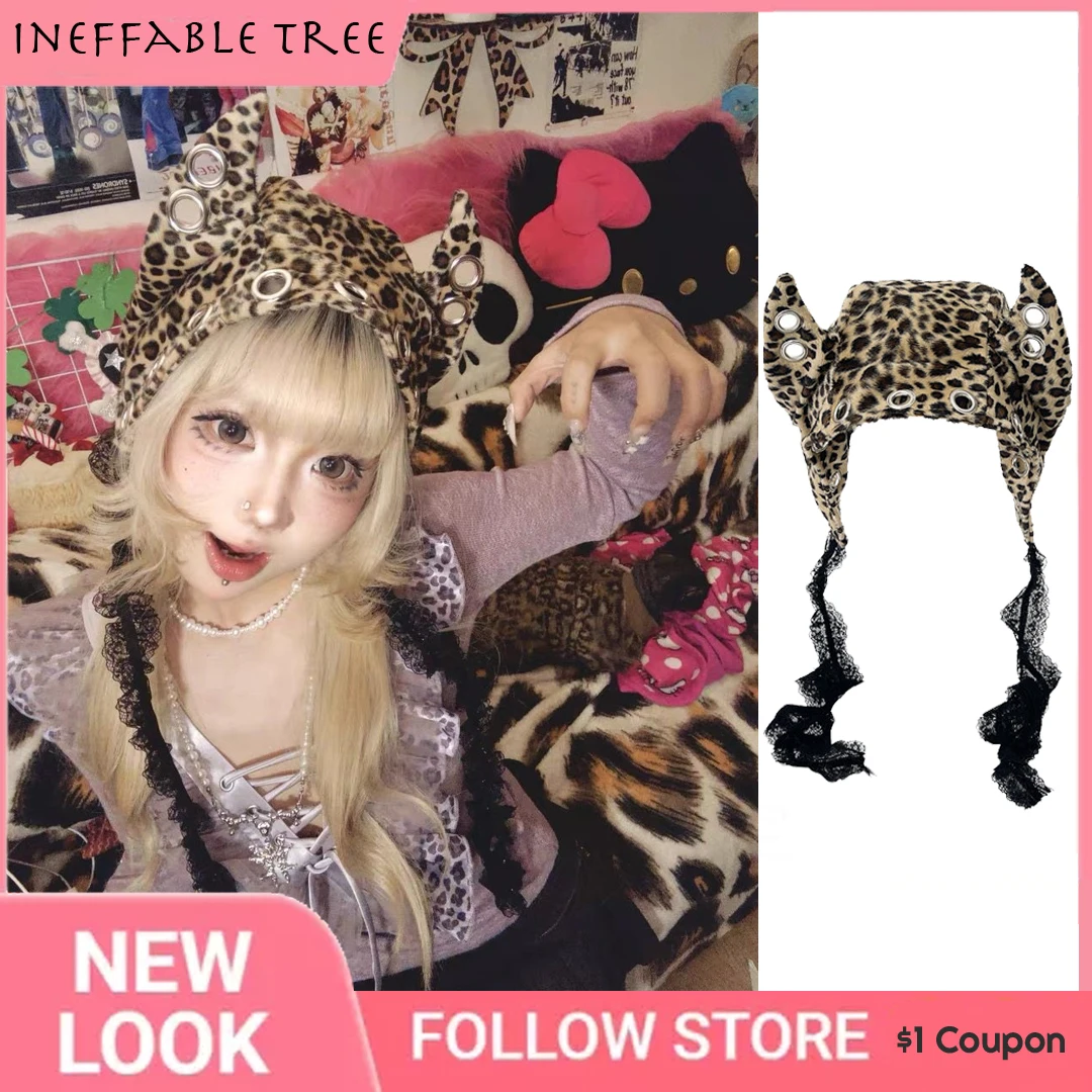 

Y2K Punk Leopard-Print Devil Horns Lace Strap Beanies Hats for Women Spring Autumn Streetwear Personality Cap Gorras Para Mujer
